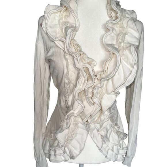 Y2k ruffle cream white cardigan sz L - Picture 1 of 7
